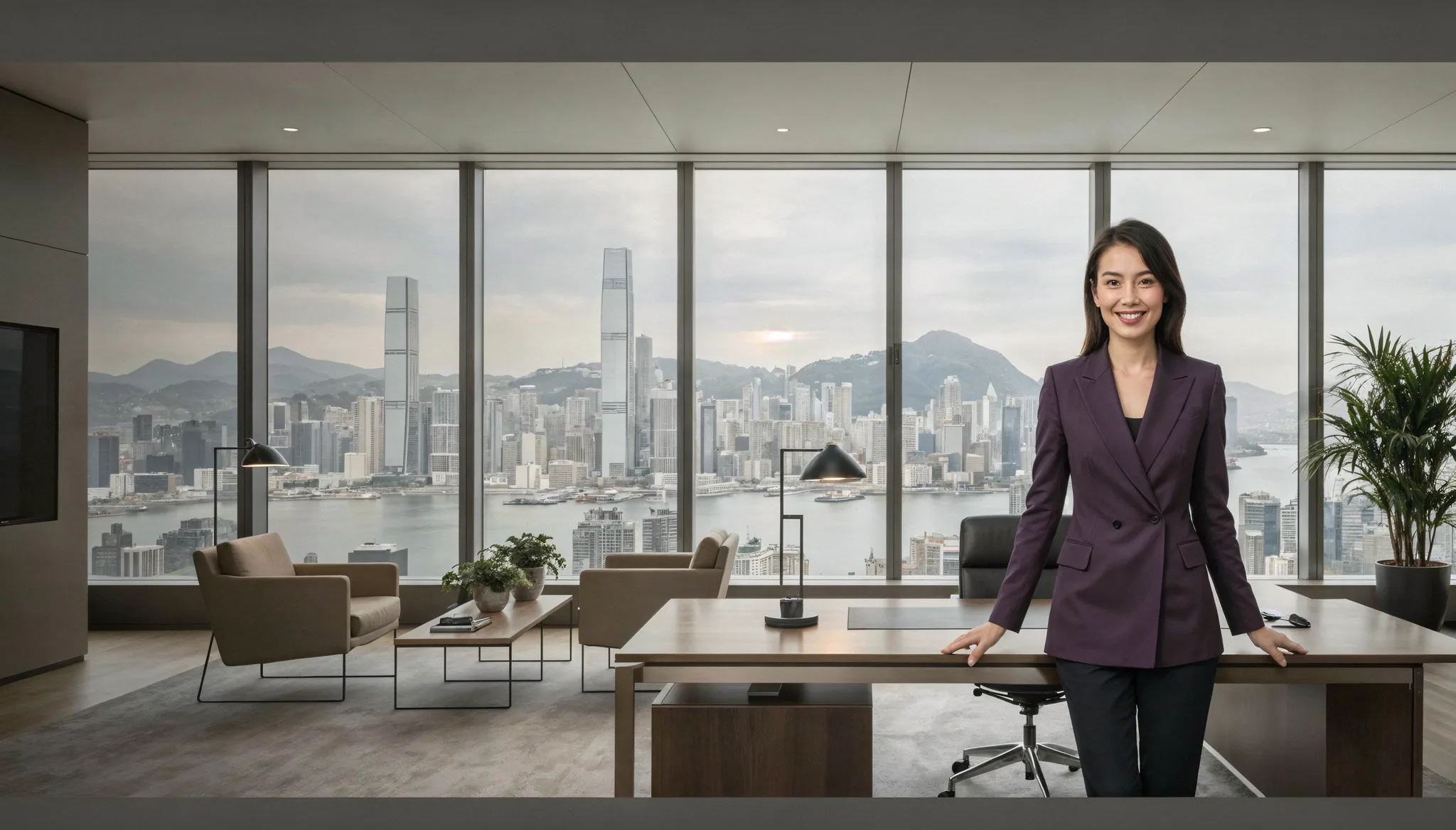 Office Super Lady — professional businesswoman in Hong Kong office with harbour skyline